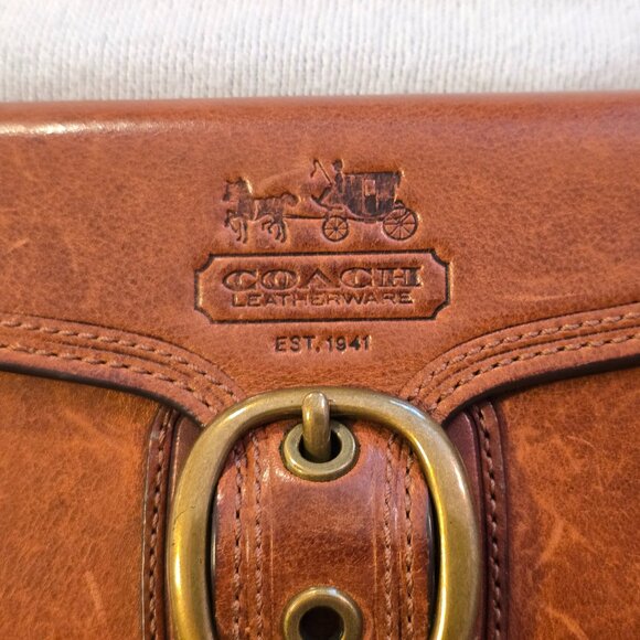 Coach Brown VINTAGE Bleeker Leather Wallet GUC Pink Interior Cream Plaid Fabric - Picture 2 of 16